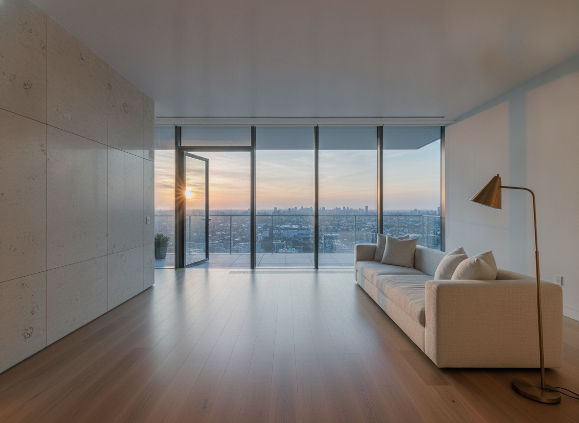 Salón del tipo Levante al amanecer, suelo de roble y ventanal al este