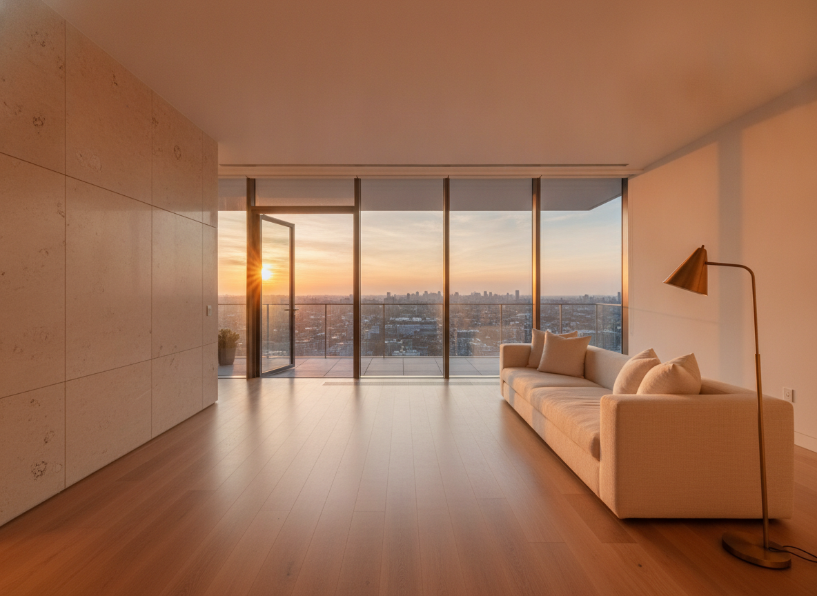 Salón del tipo Poniente al atardecer, terraza y skyline al fondo