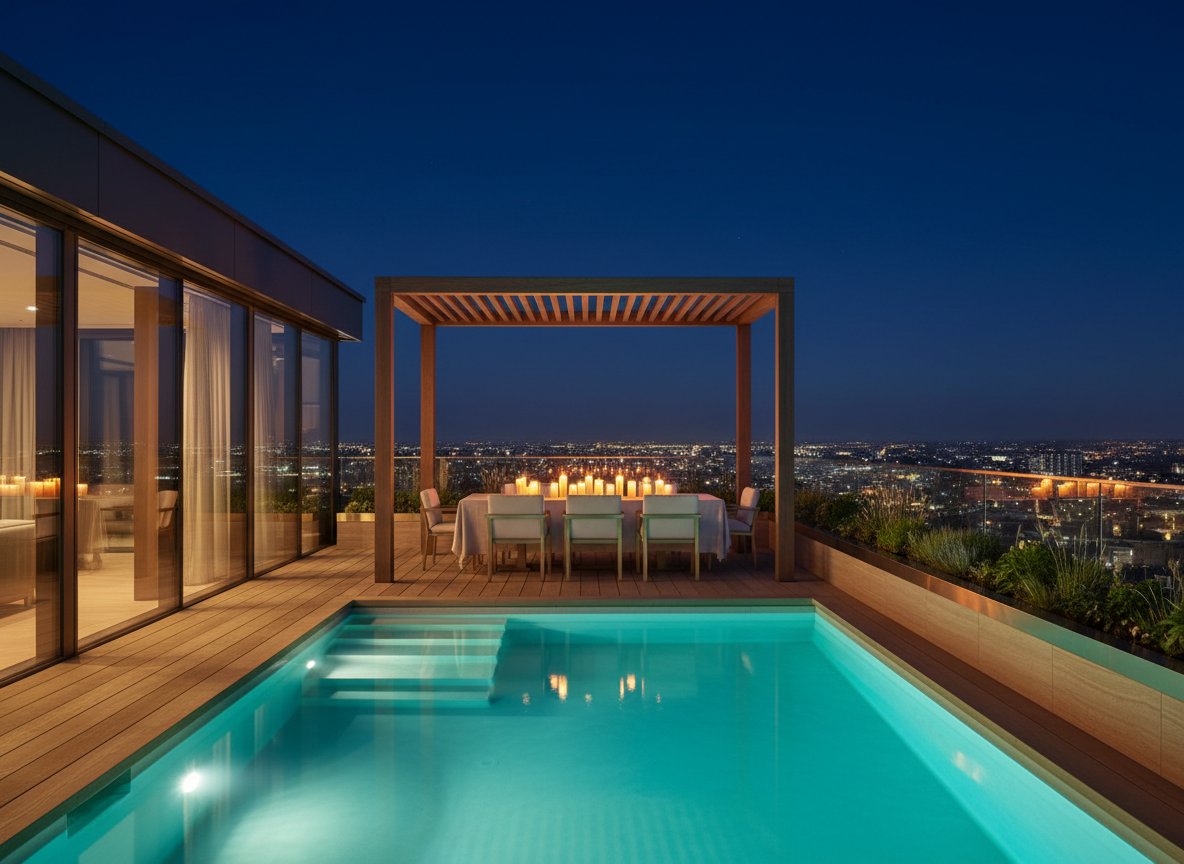 Terraza del ático de noche, piscina iluminada y la ciudad abajo